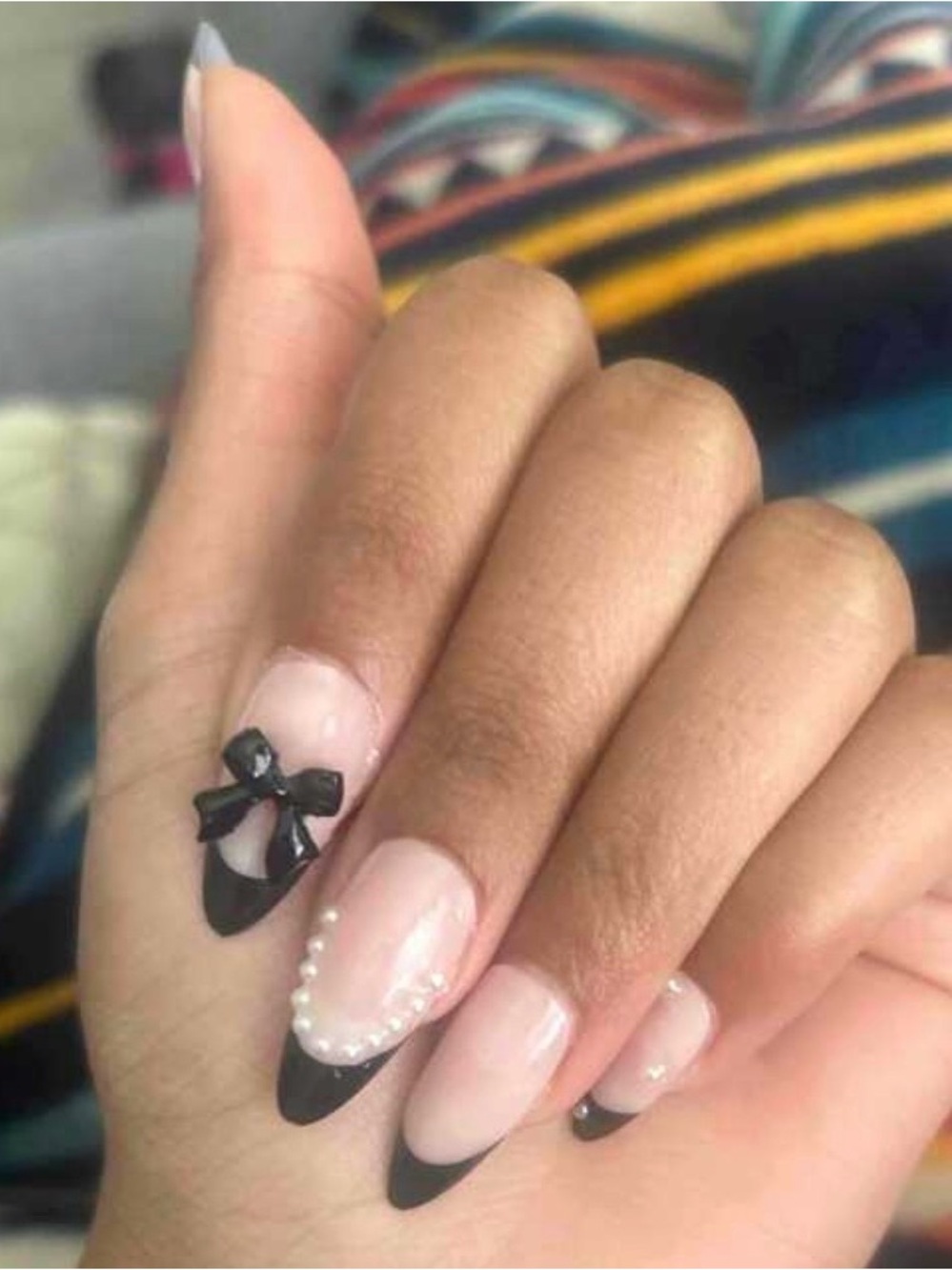 Black Accent French Tip Nail Set with 3D Bows & Pearls